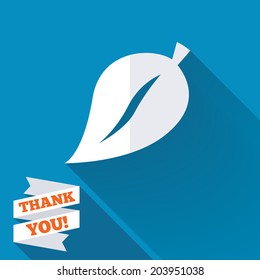 Leaf sign icon. Fresh natural product symbol. White flat icon with long shadow. Paper ribbon label with Thank you text. Vector