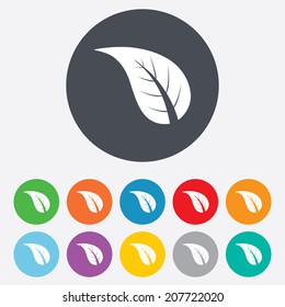 Leaf sign icon. Fresh natural product symbol. Round colourful 11 buttons. Vector