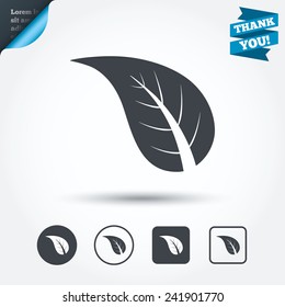 Leaf sign icon. Fresh natural product symbol. Circle and square buttons. Flat design set. Thank you ribbon. Vector