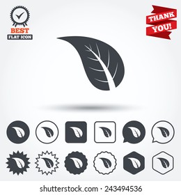 Leaf sign icon. Fresh natural product symbol. Circle, star, speech bubble and square buttons. Award medal with check mark. Thank you ribbon. Vector