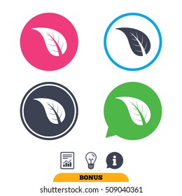 Leaf sign icon. Fresh natural product symbol. Report document, information sign and light bulb icons. Vector