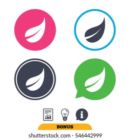 Leaf sign icon. Fresh natural product symbol. Report document, information sign and light bulb icons. Vector