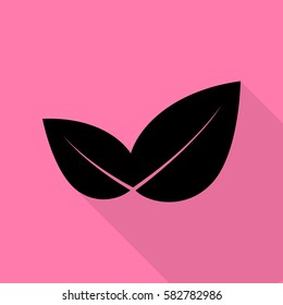 Leaf sign illustration. Black icon with flat style shadow path on pink background.