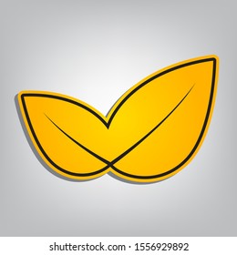 Leaf sign illustration. Flat orange icon with overlapping linear black icon with gray shadow at whitish background. Illustration.