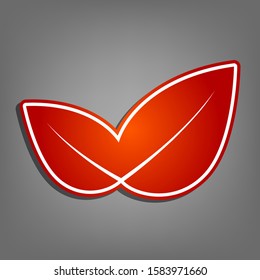 Leaf sign illustration. Flat red icon with linear white icon with gray shadow at grayish background. Illustration.