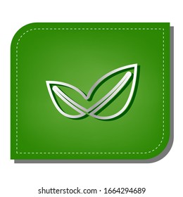 Ilustración de letrero de hoja. Icono de línea de gradiente plateado con sombra verde oscuro en hoja verde con parches ecológicos. Ilustración.