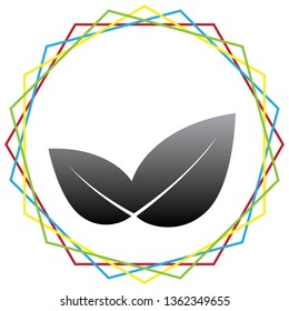 Leaf sign illustration. Vector. Black icon with patch of light inside colorful hexagonal frames at white background.