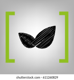 Leaf sign illustration. Vector. Black scribble icon in citron brackets on grayish background.