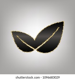 Leaf sign illustration. Vector. Blackish icon with golden stars at grayish background.
