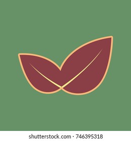 Leaf sign illustration. Vector. Cordovan icon and mellow apricot halo with light khaki filled space at russian green background.