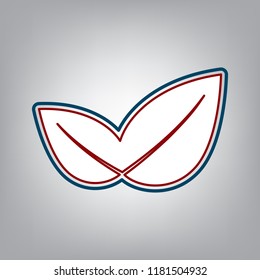 Leaf sign illustration. Vector. Dark red, transparent and midnight green stroke of white icon at grayish background.