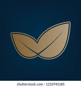 Leaf sign illustration. Vector. Golden icon and border at dark cyan background.