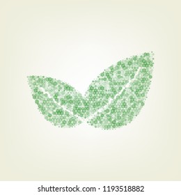 Leaf sign illustration. Vector. Green hexagon rastered icon and noised opacity and size at light green background with central light.