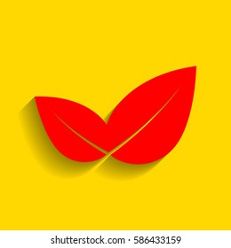 Leaf sign illustration. Vector. Red icon with soft shadow on golden background.