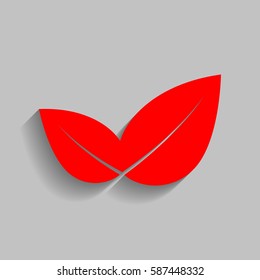 Leaf sign illustration. Vector. Red icon with soft shadow on gray background.