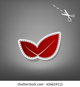 Leaf sign illustration. Vector. Red icon with for applique from paper with shadow on gray background with scissors.