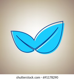 Leaf sign illustration. Vector. Sky blue icon with defected blue contour on beige background.