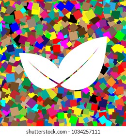 Leaf sign illustration. Vector. White icon on colorful background with seamless pattern from squares.