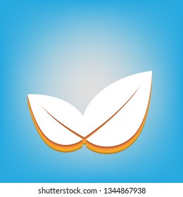Leaf sign illustration. Vector. White icon with 3d warm-colored gradient body at sky blue background.