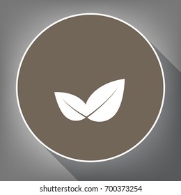 Leaf sign illustration. Vector. White icon on brown circle with white contour and long shadow at gray background. Like top view on postament.