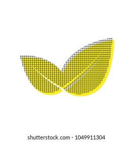 Leaf sign illustration. Vector. Yellow icon with square pattern duplicate at white background. Isolated.