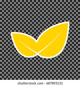 Leaf sign illustration. Vector. Yellow icon with white contour on dark transparent background.