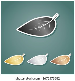 Leaf sign. Set of metallic Icons with gray, gold, silver and bronze gradient with white contour and shadow at viridan background. Illustration.