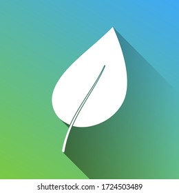 Leaf sign. White Icon with gray dropped limitless shadow on green to blue background. Illustration.