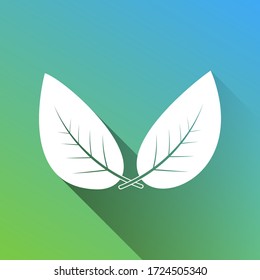 Leaf sign. White Icon with gray dropped limitless shadow on green to blue background. Illustration.