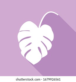Leaf sign. White Icon with long shadow at purple background. Illustration.
