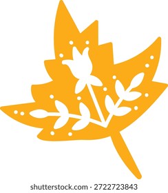 Leaf silhouette with inner flower and twig details, bold shape and clean negative space. Symbol of nature, growth, and seasonal change, suitable for eco branding. Cartoon vector illustration.