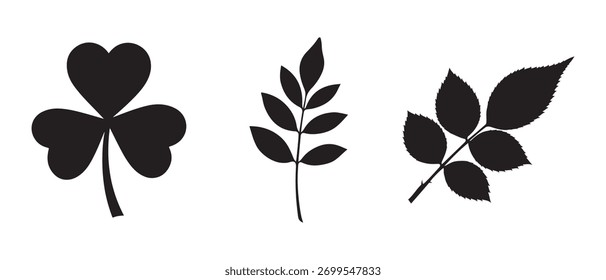 Leaf Silhouette Set. Clover, Pinnate, and Serrated Compound Leaf Icons.