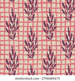 Leaf silhouettes layered over a hand drawn plaid grid forming a seamless vector pattern suitable for fabric and stationery.