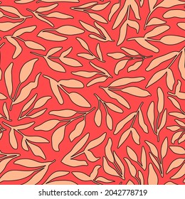 Leaf silhouettes with outlines seamless repeat pattern. Random placed, vector botany plants all over print on orange background.