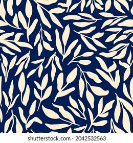 Leaf silhouettes seamless repeat pattern. Random placed, vector botany plants all over print on dark blue background.