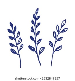 Leaf sketch set. Hand drawn vector leaves illustration. Blue pen or marker drawing. Primitive kids picture