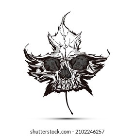 Leaf Skull. Black and white hand drawn vector illustration of a leaf shaped angry skull.