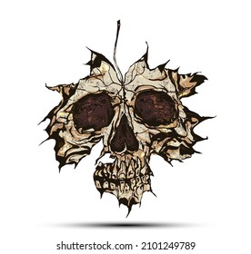 Leaf Skull. Hand drawn vector illustration of a leaf shaped sad skull.