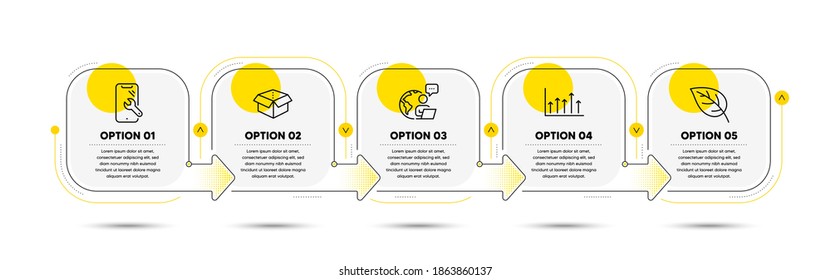 Leaf, Smartphone repair and Open box line icons set. Timeline process flowchart. Growth chart sign. Environmental, Phone recovery, Delivery package. Upper arrows. Business set. Vector