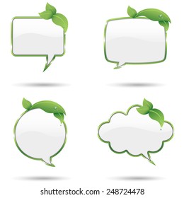 Leaf Speech Bubbles - Green speech bubbles with fresh leaves and dewdrops.  Colored with global swatches, so file can be recolored easily.  