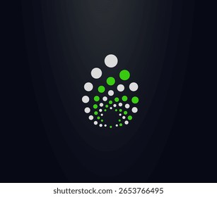 Leaf Spiral Dot Logo Representing Neural Network, Innovation, AI Growth, And Digital Connection With Green And White Color On Dark Background. Abstract Tech Symbol. Vector Illustration.