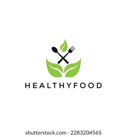 Leaf with Spoon and Fork Healthy Food Logo Design Template For Restaurant
