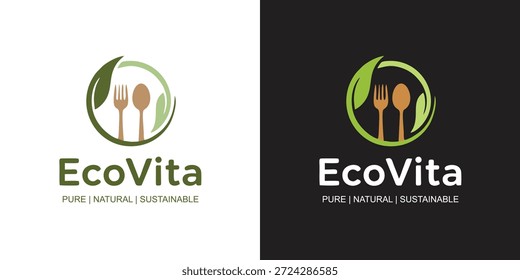 Logotipo de la cuchara y del tenedor de la hoja, logotipo de la ecología, logotipo vegano simple, sostenible, puro y natural	