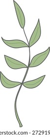 Ramita de hojas con tallo curvo y hojas emparejadas dibujadas con contornos limpios y sombreado suave. Símbolo de crecimiento, naturaleza, bienestar y vida ecológica. Ilustración vectorial de dibujos animados.