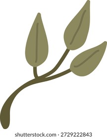 Leaf sprig with three oval leaves on a curved stem, clean lines and soft shading. Symbol of nature, growth, eco wellness, and organic purity. Cartoon vector illustration.