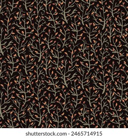 Leaf and sprig vector seamless background pattern. Backdrop with autumn leaves and stems. Fiery fall color design. Scattered sprigs dense texture. Decorative botanical repeat for fall, autumn