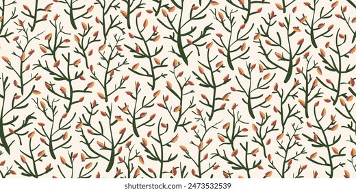 Leaf and sprig vector seamless border. Banner with autumn leaves and stems. Pretty color design. Scattered sprigs and leaves dense texture. Decorative botanical design for web, blog