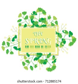 Leaf spring card. The white text in yellow square card on the leaf  is vector illustration for card.