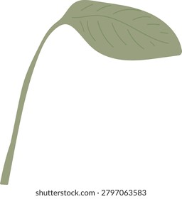 Leaf sprout with a curved stem and subtle veins in a hand drawn doodle style. Symbol of growth, nature, renewal, eco, and fresh start. Cartoon vector illustration.