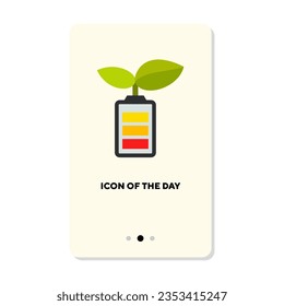 Leaf or sprout growing out of battery flat icon. Vertical sign or vector illustration of greenery, planting or growth element. Gardening, technology, plants, innovation for web design and apps